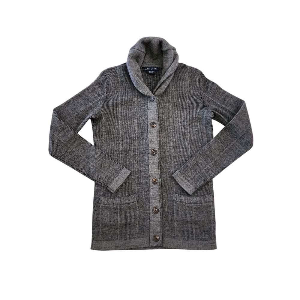 Vtg Ralph Lauren 100% Wool Concrete Grey Knit Cardigan Buttoned Shawl Sweater S